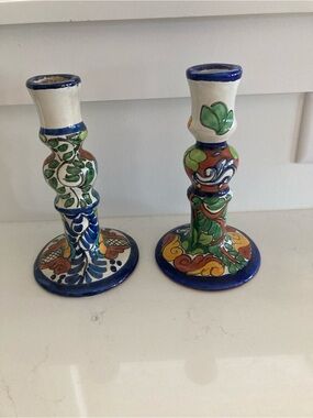 Mexican Talavera hand-painted ceramic candlesticks.